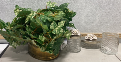 (1) Matching Glass Flower Lid Set, (1) Fake Plant In Gold Tin