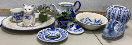 Set of Blue and White Fancy Glass Plates, Bowls, Decorative Pieces and More!