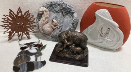 Grizzly Bear Figurine, Squirrel Garden Tile, Stained Glass Raccoon, Large Pottery Vase, Metal Sun