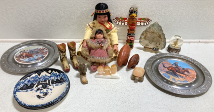 (2) Cowboy Metal Plates, (2) Native American Dolls, Totem Pole, (3) Wolf Plates, Small Stone Figures, Wolf Snowglobe and more
