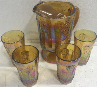Gold Glass Pitcher, (4) Matching Glasses