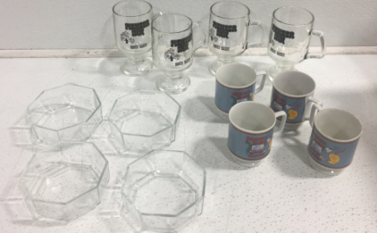 (4) Small Glass Bowls, (4) Maxwell House Mini Coffee Mugs, (4) Pioneer Inn Glass Mugs