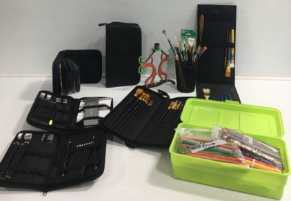 Colored Pencils, Sketch Pencils In Cases, Paint Brushes, Paint Brush Sets With Cases, Empty CD Case, CD Case With CDs, Native Decor