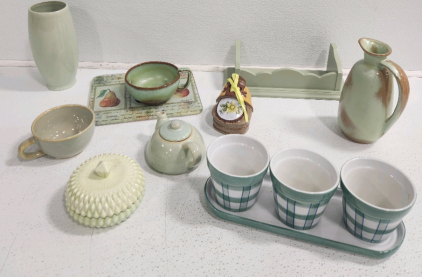 Green Pottery Decor, Green Shelf And More