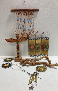 Beaded Wall Hanging, Native Art, Driftwood, (2) Yard Sun Stakes, Sun Wind Chimes