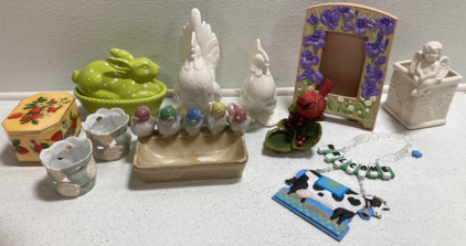 Ceramic Decor: Chickens, Rabbit Dish, Cherub Planter, Iris Frame, Floral Candle Holders, Bird Tray, Cow Welcome Hanging Decor