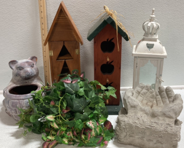 Wood Decor Shelf, Wood Birdhouse, Lantern Candle Holder, Ceramic Bear Planter, Artificial Ivy, Heavy Garden Pottery Hands