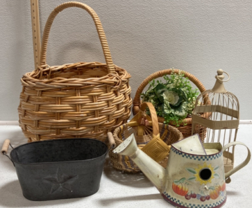 (3) Wicker Baskets, Birdcage Candle Holder, Metal Decor Bin, Metal Watering Can Birdhouse