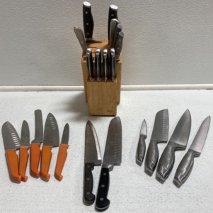 (10) Mismatched Knives in Block, (5) Rachael Ray Knives, (4) KitchenAid Knives, (2) Mismatched Knives