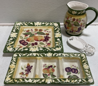 Matching Decorative Plate, Pitcher and Serving Tray, Cast Iron Spoon Rest