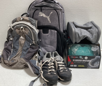 XS/S Multi-Sport Helmet, Women’s Adidas 7.5 Hiking Shoes, Puma Backpack, Gregory Backpack, Toiletry Bag