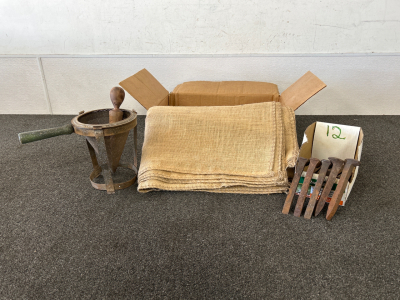 Vintage Masher , Burlap Sacks and Railroad Spikes