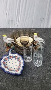Glasses, Glass Candy Tray, Ceramic Birds and More