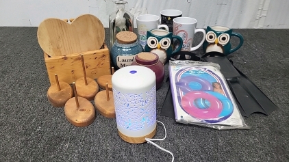Coffee Mugs, Tire Tube Floatie, Jar of Feathers and More