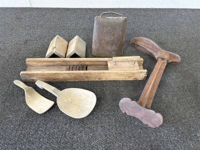 Antique Slicer, Cow Bell, Cobblers Stand and More