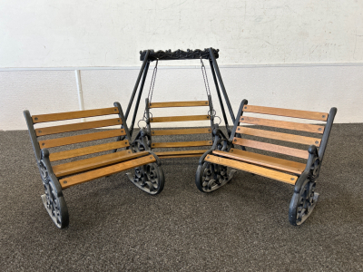 Miniature Cast Iron and Wood Benches with Swing Chair