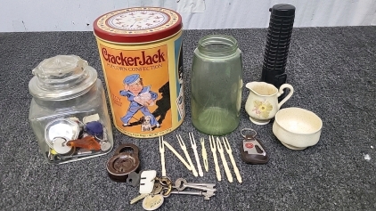 PNSA SIGNI China, Cracker Jack Metal Tin, Working Vintage Lock with Key and More