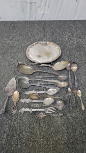 Cross Arrows Hard Solders 19470 Silver Serving Dish with Silver Plated Spoons and More