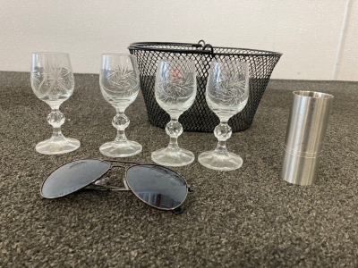 Basket with Crystal Wine Glasses, & Sunglasses