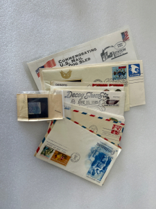 US First Day of Issue Canceled Stamps on Envelopes and 1869 Pictorial Postage Stamp Series 3c Locomotive Stamp
