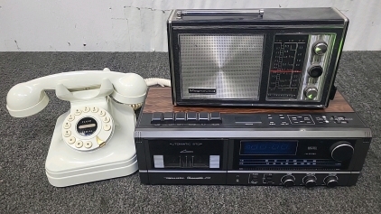 Working Battery Powered Magnavox Radio, Working Realistic Chronosette 256 Alarm Clock, and Grand Phone Landline Phone