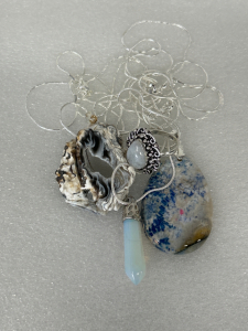 Size 8 Moonstone Ring, Coral Gemstone Necklace, Botswana Agate Geode Gemstone Necklace and Opal Gemstone Hexagonal Necklace