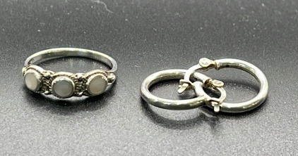 (1) Serling Silver Ladies Ring Size 6-1/2, (1) Set Silver Hoop Earrings