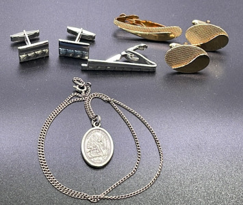 (1) St Michael Guardian Angel Pendant Marked Italy W/ Silver Chain .925, (2) Cufflink Sets 1 Gold Toned And 1 Silver Toned
