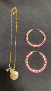 RJ Graziano Pink Braided Hoop Earrings and Love Charm Necklace