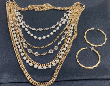 Tori Spelling Gold Tone Bamboo Hoop Earrings and Multi Chain Necklace