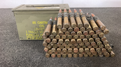 (100) Rnds. 50 Cal Machine Gun Ammo On Chain In Ammo Can