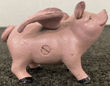 Cast Iron Flying Pig Coin Bank 2.5”Hx 4”L