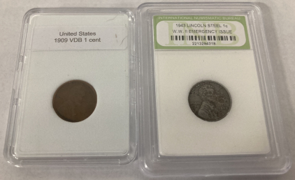 Scarce US 1909VDB Lincoln Wheat Back Copper Penny And 1943 WWII Emergency Issue Steel Penny