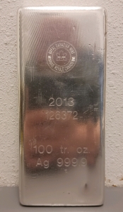 100 Troy Ounce Bar 999.9 Fine Silver