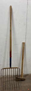 (1) Large Metal and Wooden Rack, (1) Mediym Wooden and Metal Axe