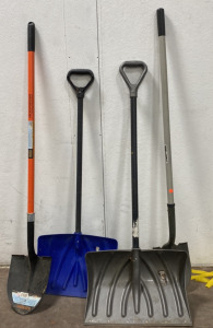 (1) Large Black+Decker Plastic Ended Shovel, (1) Large Black Handle Blue Plastic Shovel , and more shovels
