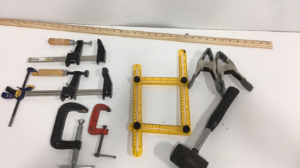 (8) Wood Working Clamps (1) Drafting Square (1) Rubber Mallet
