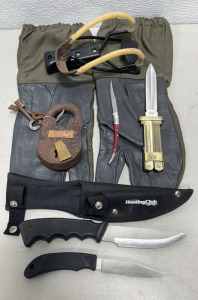 (1) Pair WWII German Shooters Mittens, (1) Georgia Convict Camp Lock W/ Keys, (1) North American Hunting Club Knives, (1) Slingshot, (1) Fruit Knife, (1) German Paratroopers Knife W/ German Markings On Handle And Blade