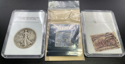 (1) 1941 S US 90% Silver Walking Liberty Half Dollar, (1) 1893 Columbian Exposition US Postage Stamp, (1) US 1869 Pictorial Postage Stamp Series 3c Locomotive Stamp G Grill, Only Issued In 1869. Cork Cancel