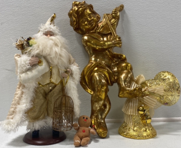 (1) Large Gold Colored Angel Statue, (1) Santa Clause Statue, and more!!