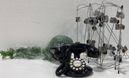 (1) Vintage Old Black Dial Phone, (1) Fake Vine Plant In Black Vase, and More