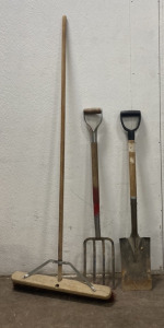 (1) Large Rough Bristle Red Broom, (1) Small Wooden and Metal Rack, and (1) Small Wooden and Metal Shovel
