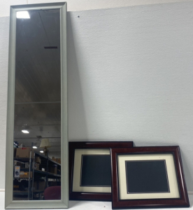 (1) large Mint Colored Mirror, (2) Small Brown Picture Frames