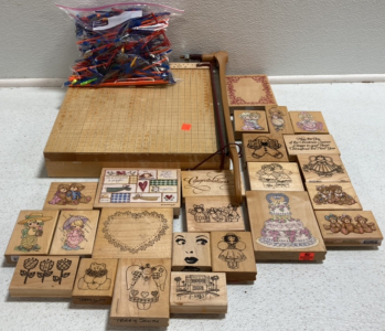 (24) Ink Stamps, Paper Slicer, Bag of K’Nex