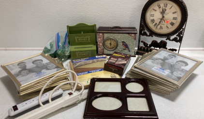 (2) Decorative Clocks, (15) 8x10 Frames, Photo Chest, Green Glass Stones, (2) Surge Protectors and more