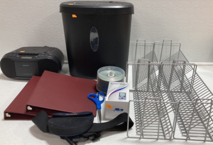 Paper Shredder, Sony CD Player, Blank CDs, (4) CD Holders, (2) Binders, Electronic Acupuncture, Philips Portable CD Player, Scissors