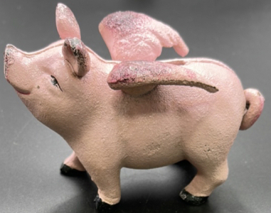 (1) Pink Painted Cast Iron Flying Pig Piggy Bank