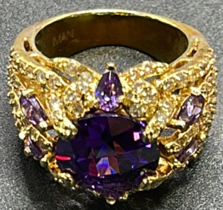 (1) IMAN Signed Gold Toned Amethyst Crystal Ladies Ring Size 7