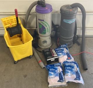 (2) Backpack Vacuums, Mop Bucket, (4) Packs of Vacuum Bags