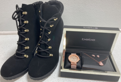 Size 11 Women&rsquo;s Black Heel Boots, Bebe Watch and Jewelry Set